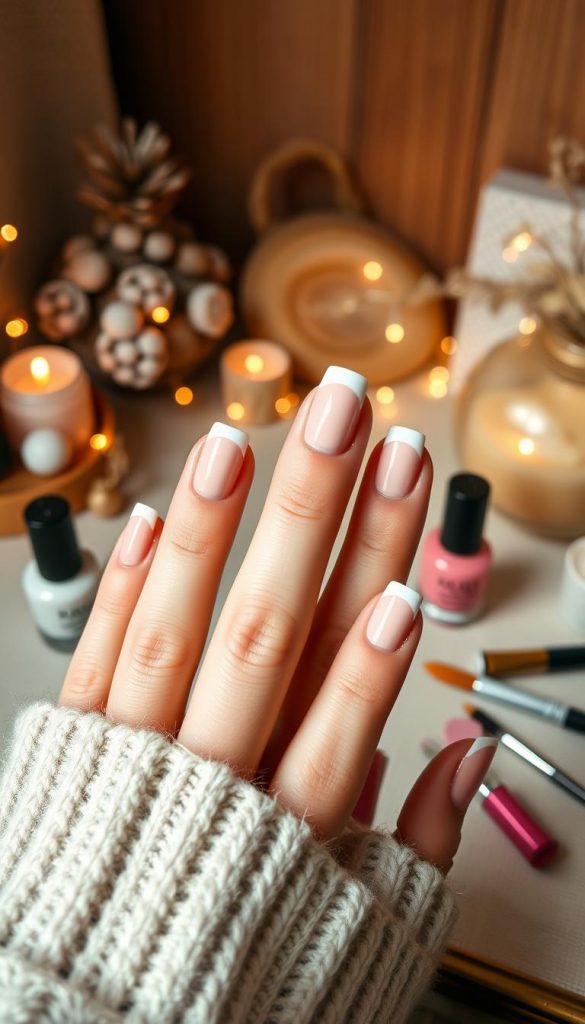 Curved French manicure displayed elegantly on well-groomed hands, featuring a soft pastel color palette with warm tones. The foreground showcases a close-up of the nails, with a delicate curve that creates an eye-catching design. The middle ground includes DIY supplies such as nail polish in trendy shades, a small nail file, and a paintbrush, arranged neatly to suggest a creative process. In the background, a cozy, softly-lit workspace evokes a warm winter atmosphere, embellished with natural elements like wooden textures and gentle lighting that provides a Pinterest-inspired aesthetic. The overall mood is authentic and inspiring, perfect for a DIY tutorial. Include the brand name "KlickKiste" subtly integrated into the image.