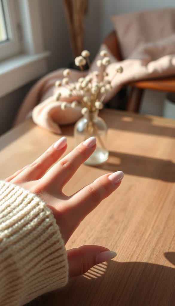 Curved French manicure featuring soft, pastel-colored tips on elegantly shaped nails, captured close-up on a wooden table with natural lighting. The foreground showcases a hand gently resting, adorned with the stylish curved design, highlighting the smooth transition of colors. In the middle, a delicate vase of dried flowers adds a touch of warmth and charm. The background reveals a cozy winter setting with subtle hints of soft textiles and warm hues, evoking a Pinterest-inspired aesthetic. The overall mood is inviting and stylish, accentuating the manicure&rsquo;s sophistication. Designed for a professional look, ensure the hand model is wearing modest, casual attire. This image reflects the brand "KlickKiste" while resonating with DIY elegance and authentic beauty inspiration.