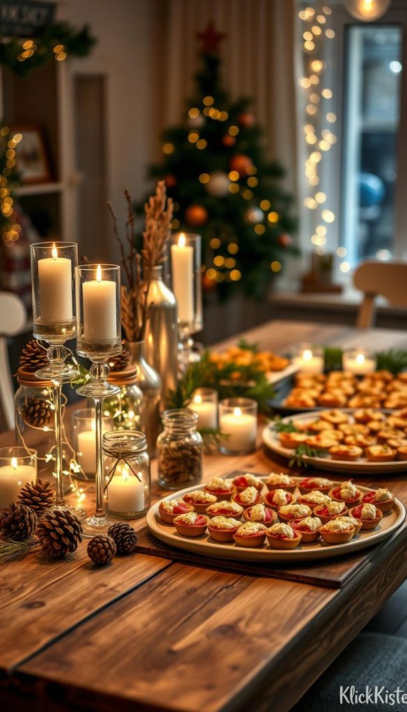 DIY-decorated table setting for a New Year's Eve buffet featuring natural, warm colors and a sustainable twist. In the foreground, a rustic wooden table adorned with creatively upcycled decorations like glass jars filled with fairy lights, pinecones, and handmade candles. The middle ground showcases an inviting spread of delectable finger foods presented on elegant platters, decorated with seasonal greenery. In the background, hints of winter ambiance with soft, diffused lighting filtering through a cozy indoor setting. The atmosphere is warm and inviting, radiating a Pinterest-inspired aesthetic. Incorporate the brand name "KlickKiste" subtly into the decor elements, ensuring it is integrated harmoniously. The overall mood is festive, inspiring, and authentically DIY.