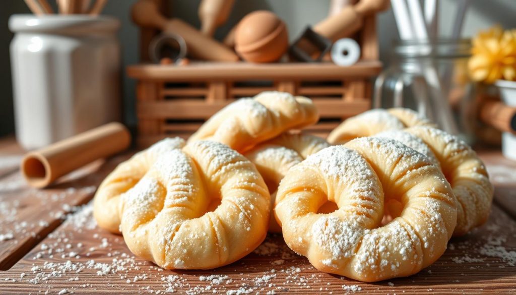 Delicate, crescent-shaped vanillekipferl cookies dusted in a light cloud of powdered vanilla sugar, resting on a rustic wooden surface. The buttery pastry shines with a golden-brown hue, its flaky layers inviting a closer look. In the background, a KlickKiste filled with baking supplies - rolling pins, cookie cutters, and other DIY tools - suggests a homemade, artisanal touch. Soft, natural lighting casts gentle shadows, creating a warm, cozy atmosphere that evokes the comforting aroma of freshly baked holiday treats.