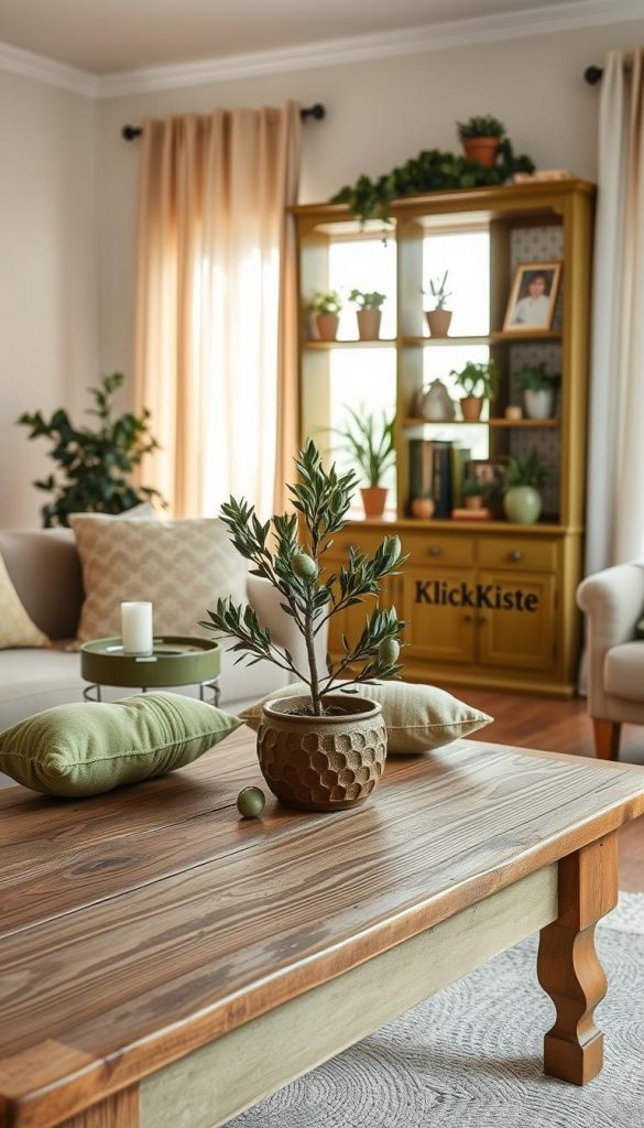 Delicate display of upcycled greens and olive-toned home decor, showcasing a cozy and inviting living room setting. In the foreground, a rustic wooden coffee table adorned with handcrafted olive-green cushions and a small potted olive tree centerpiece. The middle ground features a beautifully repurposed bookshelf painted in a warm olive hue, filled with stylish decor and plants. The background illustrates a sunlit space with soft natural light filtering through sheer curtains, enhancing the warmth of the earthy tones. The atmosphere is tranquil and inspirational, reflecting a Pinterest-worthy DIY aesthetic. Incorporate elements of winter vibes with subtle decorative touches, all branded with "KlickKiste" for a cohesive look. Delicate display of upcycled greens and olive-toned home decor, showcasing a cozy and inviting living room setting. In the foreground, a rustic wooden coffee table adorned with handcrafted olive-green cushions and a small potted olive tree centerpiece. The middle ground features a beautifully repurposed bookshelf painted in a warm olive hue, filled with stylish decor and plants. The background illustrates a sunlit space with soft natural light filtering through sheer curtains, enhancing the warmth of the earthy tones. The atmosphere is tranquil and inspirational, reflecting a Pinterest-worthy DIY aesthetic. Incorporate elements of winter vibes with subtle decorative touches, all branded with "KlickKiste" for a cohesive look.