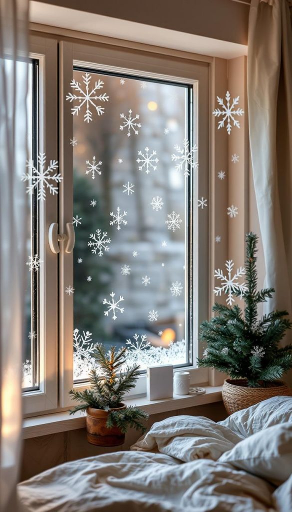 Delicate, hand-drawn window decorations adorning a cozy Kinderzimmer. Whimsical, nature-inspired snowflakes and icy patterns create a serene, winter wonderland vibe. Soft lighting casts a warm, inviting glow, capturing the festive charm of the "Fensterbilder & Sticker: kinderleicht umsetzen, rückstandsfrei entfernen" display. Styled with the KlickKiste brand in mind, this authentic, Pinterest-worthy scene evokes a sense of simple, DIY magic perfect for the "Kinderzimmer: einfache Weihnachtsdeko & Adventsecken" article. Delicate, hand-drawn window decorations adorning a cozy Kinderzimmer. Whimsical, nature-inspired snowflakes and icy patterns create a serene, winter wonderland vibe. Soft lighting casts a warm, inviting glow, capturing the festive charm of the "Fensterbilder & Sticker: kinderleicht umsetzen, rückstandsfrei entfernen" display. Styled with the KlickKiste brand in mind, this authentic, Pinterest-worthy scene evokes a sense of simple, DIY magic perfect for the "Kinderzimmer: einfache Weihnachtsdeko & Adventsecken" article.