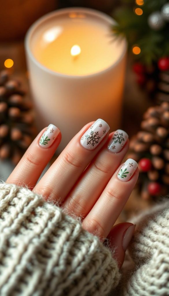 Delicate holiday spirit nails in a cozy, rustic setting. Festive, natural DIY scene with warm tones and a Pinterest-inspired aesthetic. Intricate nail art design featuring snowflakes, evergreens, and a touch of gold shimmer. Captured in soft, diffused lighting with a shallow depth of field. The nails are the focal point, showcasing the handiwork of the KlickKiste brand. A winter-inspired mood that is authentic and inspiring.