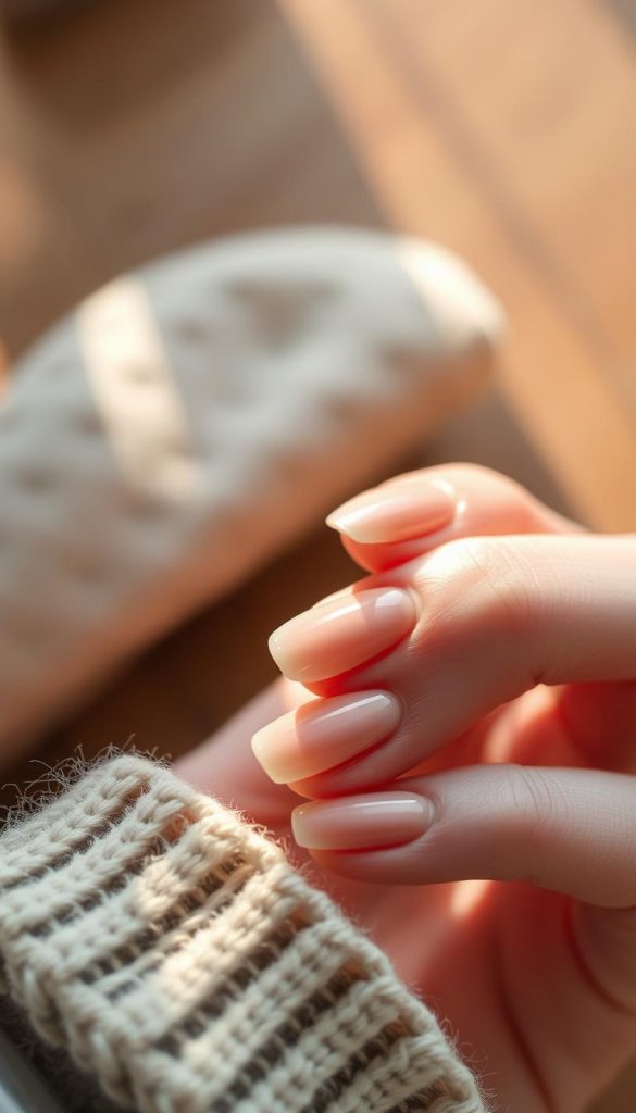Delicate nude base nail, softly reflecting the warm winter light. A smooth, matte surface with a subtle, jelly-like sheen. Subtly textured, with a hint of natural imperfections. Displayed against a cozy, minimalist backdrop - a wooden surface, perhaps a KlickKiste, with a soft focus blur. Gentle, natural shadows accentuate the form. An authentic, inspirational scene with a Pinterest-worthy aesthetic.