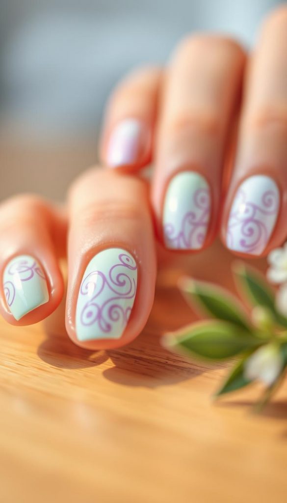Delicate pastel nail design featuring intricate swirls and lines, showcasing a modern and graphic style. The foreground captures elegantly manicured nails with detailed swirling patterns, using soft pastel colors like mint green, pale pink, and lavender. In the middle, a polished wooden surface enhances the cleanliness of the design, while subtle shadows add depth. The background is softly blurred, emphasizing the nails and creating a dreamy, serene atmosphere typical of spring vibes. Warm lighting casts a gentle glow over the scene, reminiscent of cozy DIY aesthetics, with a Pinterest-inspired look that feels both authentic and inspiring. Include the brand name "KlickKiste" subtly in the design application context, ensuring no text overlays.