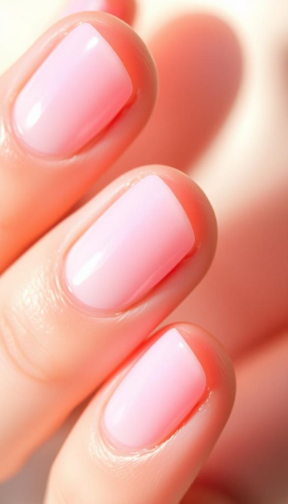 Delicate pastel-toned nails, softly reflecting the warm glow of natural lighting. Feminine and elegant, the nails are painted in a subtle palette of pinks, lilacs, and powdery blues. Captured in a close-up, the textured nail surface and slight sheen evoke a sense of tranquility. The composition emphasizes the graceful curves and contours of the nails, creating a serene, winter-inspired atmosphere. Minimal and effortless, this pastel nail design embodies a Pinterest-worthy, DIY aesthetic.