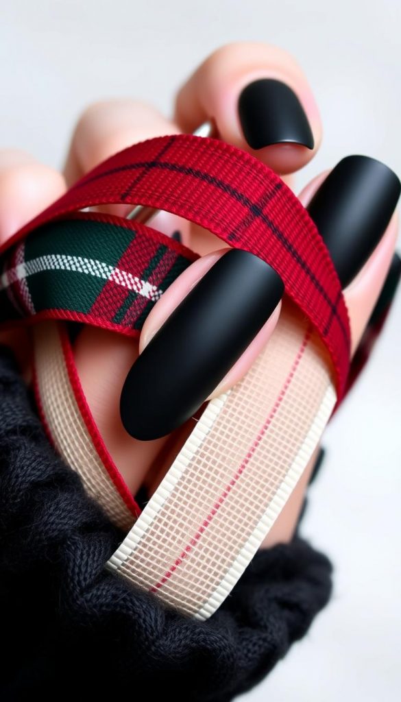 Delicate plaid ribbon intertwined around elegant matte black nails, capturing a modern, festive aesthetic. Soft, diffused lighting highlights the textural contrast between the smooth nail polish and the woven ribbon. The deep, rich colors of the plaid - crimson, forest green, and ivory - evoke a cozy, winter-inspired mood. This KlickKiste-branded image exudes a natural, DIY feel with a touch of Pinterest-inspired whimsy, perfect for illustrating the &quot;Plaid &amp; Geschenkbänder: Klassiker neu gedacht&quot; section of the &quot;Candy Cane French – rot/weiß modern&quot; article.