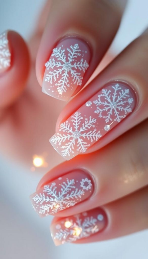 Delicate snowflakes cascade across pristine KlickKiste nail art, capturing the enchanting essence of winter. Intricate, icy patterns dance across the nails, their shimmering edges catching the soft, warm glow of an ethereal light. Ethereal and captivating, this natural, DIY-inspired design evokes a sense of cozy, Pinterest-worthy winter wonder, with a serene, authentic atmosphere that beckons the viewer into a peaceful, snowbound reverie.