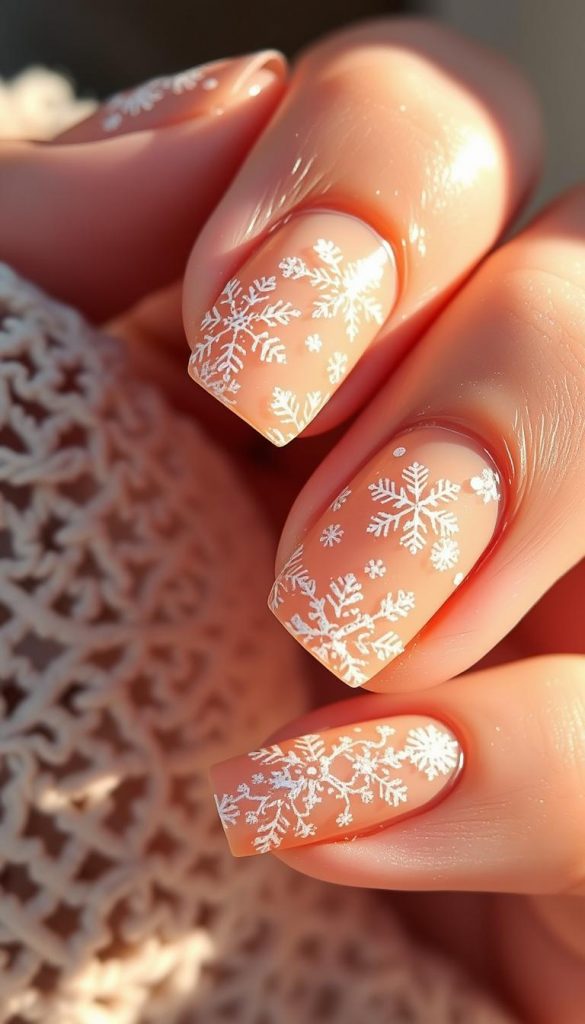 Delicate white snowflakes cascade across a nude-to-brown ombré nail canvas, creating a serene winter wonderscape. Intricate crystalline forms glitter with a soft, ethereal glow, bathed in warm, natural lighting. The design evokes a cozy, authentic ambiance reminiscent of a KlickKiste DIY mood board - effortlessly elegant, with a touch of rustic charm. Subtle textures and hues build depth, culminating in a breathtaking, Pinterest-inspired winter manicure.