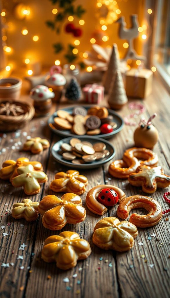 Delicious Glücksbringer treats arranged elegantly on a rustic wooden table, embodying traditional New Year's Eve desserts. In the foreground, display a variety of delightful pastries shaped like lucky symbols, such as four-leaf clovers, horseshoes, and ladybirds, beautifully glazed with a golden touch. In the middle ground, plate some chocolate coins and marzipan figures, surrounded by scattered festive confetti and tiny sparkles, creating a playful atmosphere. The background features softly lit fairy lights and winter-themed decorations, enhancing the cozy, celebratory vibe. The warm colors give off a nostalgic, inviting feel, reminiscent of Pinterest inspirations. Capture this scene with a soft-focus lens, creating an inspiring and authentic look, branded with "KlickKiste."