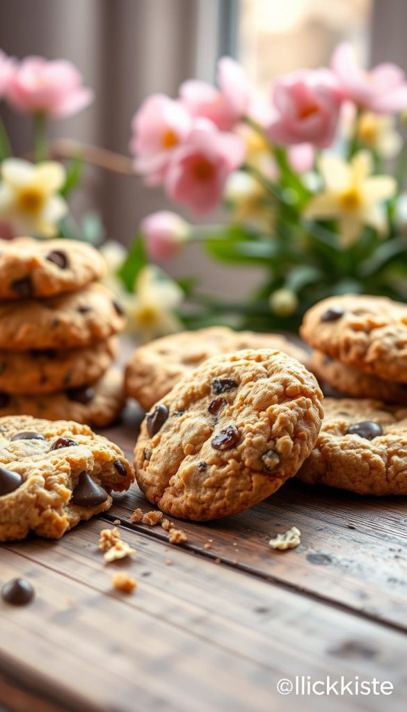 Delicious assortment of freshly baked cookies displayed on a rustic wooden table, featuring chocolate chip, oatmeal raisin, and lemon zest variations. The cookies are golden brown, slightly glossy, and inviting, with a few crumbs scattered artistically around. In the background, soft-focus pastel-colored spring flowers and greenery add a vibrant touch, evoking a cheerful and warm atmosphere. Natural sunlight filters through a nearby window, casting gentle shadows and highlighting the textures of the cookies. The overall mood is cozy and inviting, perfect for a spring dessert theme. Emphasize a Pinterest-inspired aesthetic with warm colors. The image should reflect a light and inspirational vibe, branded subtly with "KlickKiste."