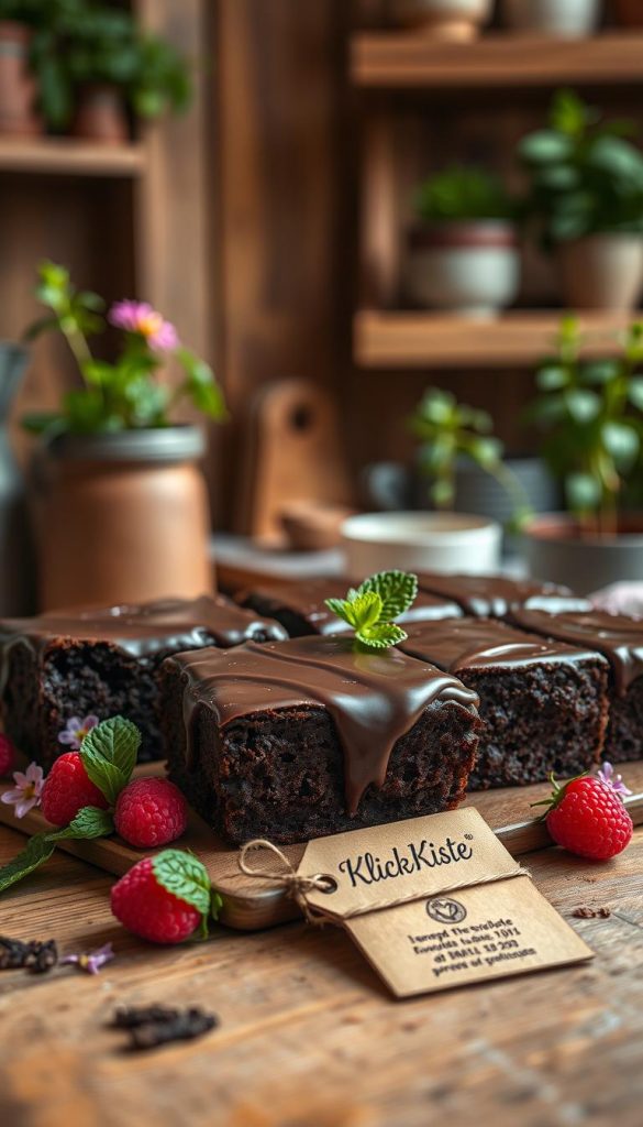 Deliciously moist chocolate brownies are the central focus of the image, beautifully arranged on a rustic wooden table. The brownies should have a rich, glossy ganache drizzled on top, glistening under soft, warm lighting that creates an inviting atmosphere. Surround the brownies with delicate touches of fresh spring ingredients like vibrant raspberries, mint leaves, and edible flowers, adding a pop of color to the scene. The background features a softly blurred kitchen environment with wooden shelves and potted herbs, conveying a warm, homey vibe. Capture the scene from a slightly elevated angle, mimicking a lifestyle shot that feels both authentic and inspiring, reminiscent of Pinterest aesthetics. Include subtle branding elements like a small, elegant "KlickKiste" logo on a rustic tag beside the brownies, enhancing the natural DIY feel.