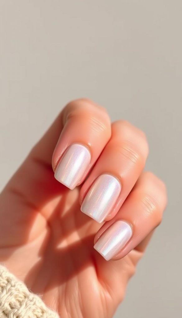 Detailed close-up shot of a well-manicured hand against a soft, neutral background. The nails are painted in a shimmering, opalescent nail polish that reflects the light beautifully, creating a lustrous, mirror-like finish. The polish has been carefully applied, with clean, even coverage and a smooth, glossy texture. Soft, diffused lighting from above casts gentle shadows, highlighting the natural curves and contours of the nails. The composition emphasizes the hands, drawing the viewer's attention to the intricate details of the nail polish and its luxurious, high-end appearance. The overall mood is one of understated elegance and attention to self-care.