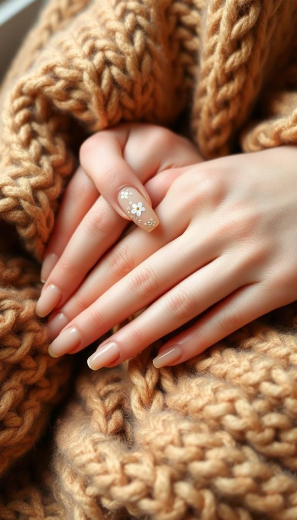 Detailed close-up shot of meticulously manicured hands with perfectly applied nude polish, resting against a cozy knit blanket in warm, earthy tones. Soft, diffused natural lighting illuminates the intricate nail art designs - delicate floral patterns, subtle metallic accents, and a glossy topcoat that catches the light. The composition has a serene, hygge-inspired atmosphere, evoking a sense of winter comfort and self-care. The image conveys a mood of relaxation, organization, and attention to detail during the holiday season.