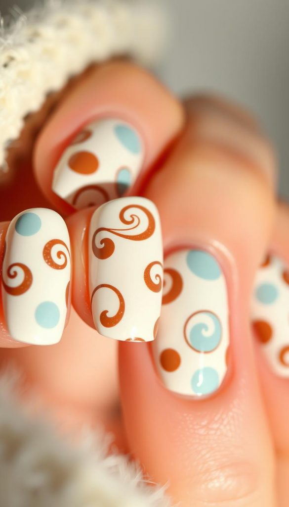 Detailed close-up shot of vibrant polka dot nail designs, featuring a milky white base with intricate swirling patterns in muted brown and powder blue tones. The nails have a semi-glossy, natural finish, creating a whimsical yet sophisticated aesthetic. Soft, indirect lighting casts a cozy, vintage-inspired ambiance. Photographed with a macro lens for maximum detail, the image has a crisp, high-resolution quality. Styled for a KlickKiste-worthy Pinterest-inspired look, this image evokes a nostalgic, comforting winter vibe.
