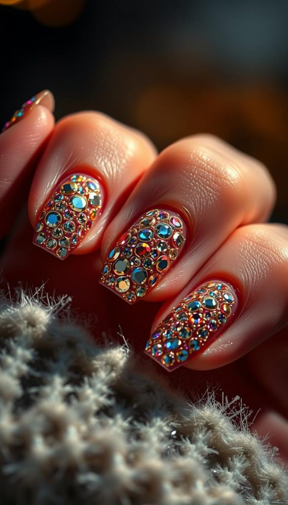 Detailed crystal-encrusted nails glistening with multi-faceted glitz, set against a soft, warm-toned backdrop. Delicate 3D sculptural accents in shimmering metallics, creating a festive, Instagram-worthy mani. Dramatic low-angle lighting casts dramatic shadows, emphasizing the dimensional textures. Moody, cozy atmosphere with a hint of winter wonderland ambiance. Authentic, inspirational, and on-trend, this image captures the essence of a celebratory, Pinterest-perfect manicure.