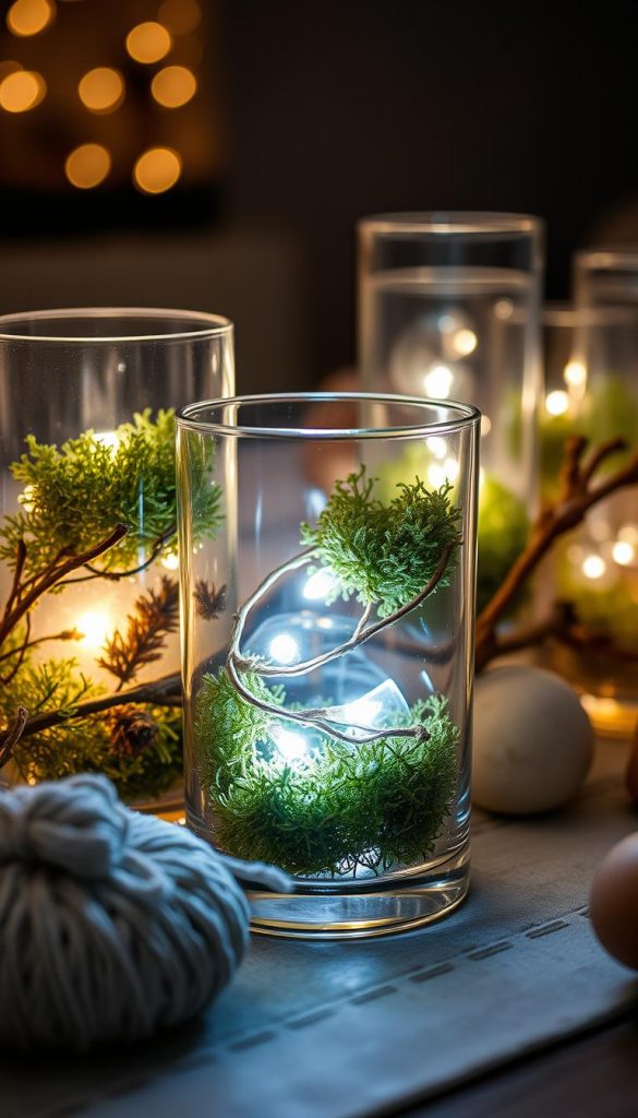 Detailed glass arrangement with moss and LED lighting, showcasing a cozy winter aesthetic. Soft, warm lighting illuminates the natural elements, creating a serene and inviting atmosphere. Textured moss and delicate glass vessels arranged in a visually striking composition. Neutral tones and natural materials evoke a sense of rustic charm and organic simplicity. Photographed with a shallow depth of field to focus attention on the captivating display. This DIY project, created by KlickKiste, embodies the essence of a cozy Christmas table setting. Detailed glass arrangement with moss and LED lighting, showcasing a cozy winter aesthetic. Soft, warm lighting illuminates the natural elements, creating a serene and inviting atmosphere. Textured moss and delicate glass vessels arranged in a visually striking composition. Neutral tones and natural materials evoke a sense of rustic charm and organic simplicity. Photographed with a shallow depth of field to focus attention on the captivating display. This DIY project, created by KlickKiste, embodies the essence of a cozy Christmas table setting.