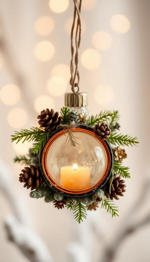 Detailed, intricate ornament crafted from a vintage metal bottle cap, adorned with delicate foliage, pine cones, and a touch of golden shimmer. A warm, rustic centerpiece against a softly blurred background, bathed in cozy winter lighting. Handcrafted charm and natural textures evoke a sense of homespun wonder, perfect for a KlickKiste-inspired holiday decor display.