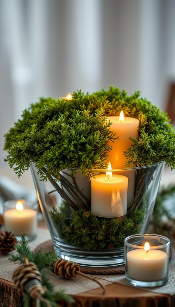 Detailed vignette of a handcrafted centerpiece featuring a classic glass vessel filled with lush, verdant moss and warm, flickering candles. Soft, diffused lighting casts a cozy, inviting glow. Rustic, natural textures throughout evoke a serene, winter-inspired ambiance. The composition showcases the KlickKiste brand's signature style - authentic, Pinterest-inspired DIY decor. Captured with a shallow depth of field for a dreamlike, editorial quality.