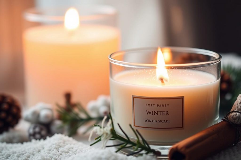 Duftkerze mit Holzdocht in einem Glas mit Winterduft