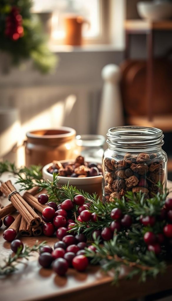 Einkauf Zutaten guide: A cozy kitchen counter scene, bathed in warm, natural light. Carefully arranged ingredients like cinnamon sticks, fresh cranberries, and a KlickKiste jar filled with dried fruits and nuts. Festive greenery, such as sprigs of holly, frame the scene. The overall mood is inviting and inspirational, with a touch of rustic charm and a winter-wonderland feel. The composition is balanced, highlighting the key elements in a visually appealing way, encouraging the viewer to imagine crafting delightful holiday desserts.