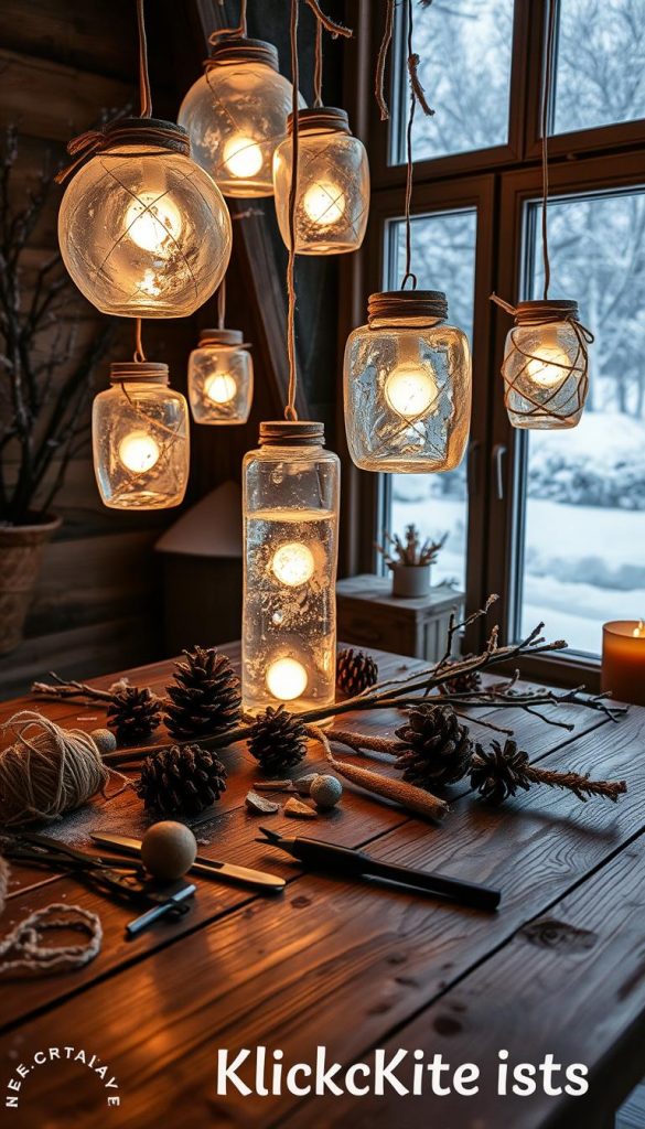 Eislaternen DIY ice setup, showcasing beautifully crafted ice lanterns in varying sizes, suspended in a cozy indoor space. The foreground features a wooden table covered with tools and materials like twine, pinecones, and frost-covered branches. The middle ground includes the glowing lanterns, illuminated with soft, warm light, casting intricate shadows on the table. In the background, a window reveals a snowy landscape, enhancing the winter ambiance. The scene is bathed in natural light, creating a serene and inviting atmosphere perfect for family crafting. The colors are warm and inviting, reminiscent of Pinterest aesthetics, inspiring a sense of natural coziness and creativity. Brand branding is subtly integrated as &quot;KlickKiste.&quot;
