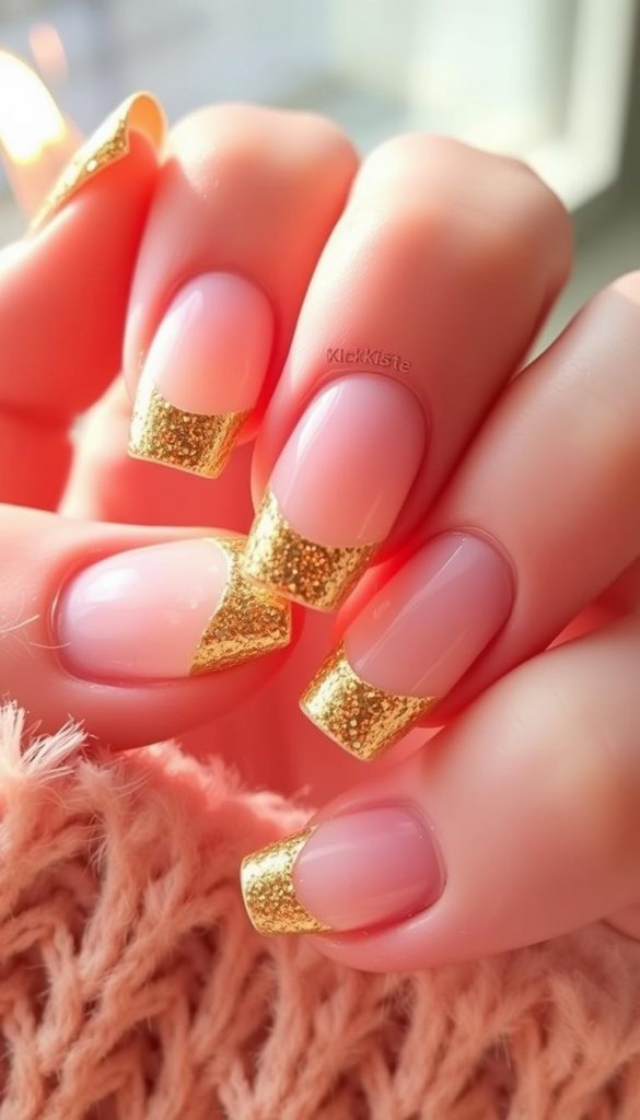 Elegant Christmas-inspired french tip nails with a festive twist. Delicate golden tips against a soft, creamy base, accented with subtle glitter for a touch of sparkle. Warm, natural lighting casts a cozy glow, creating a Pinterest-worthy winter vibe. Close-up, high-quality shot highlighting the intricate details and professional, DIY-quality finish. Branded as "KlickKiste", these nails embody the perfect balance of holiday cheer and refined sophistication.