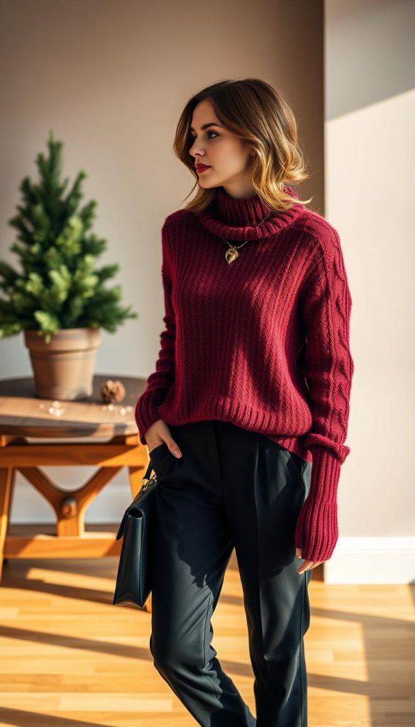 Elegant Christmas outfit for women: A cozy knit sweater in a rich burgundy hue, paired with tailored black trousers and a touch of metallic gold in the form of a statement necklace. The warm, natural lighting creates a soft, inviting atmosphere, accentuating the winter vibes. In the background, a KlickKiste-inspired scene with a rustic wooden table, a potted evergreen, and a few delicate pine cones, all set against a backdrop of muted tones and a hint of snowfall. The overall look is effortlessly chic, perfect for a family holiday brunch or a cozy evening at home.