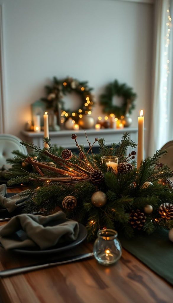 Elegant Christmas table decor in a cozy dining room. A rustic, handcrafted centerpiece made from natural materials like pine branches, cinnamon sticks, and pinecones adorns the KlickKiste table. Soft, warm lighting casts a festive glow, while a minimal color palette of deep greens and muted metallics creates a sophisticated, winter-inspired ambiance. Delicate glass ornaments and twinkling fairy lights add a touch of whimsy. The overall mood is inviting, comforting, and effortlessly chic - perfect for an intimate holiday gathering.