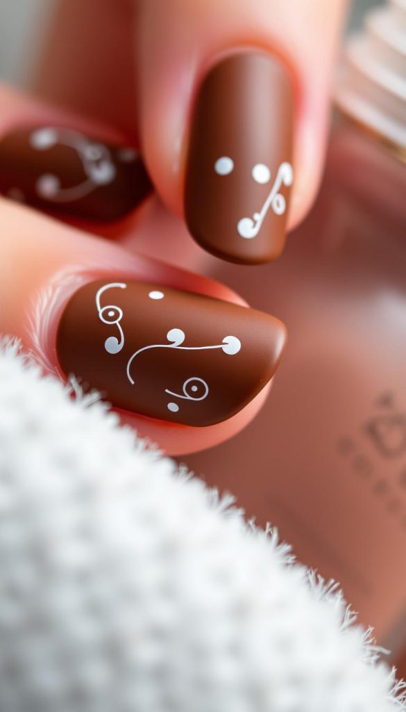 Elegant Christmas-themed nails with a minimalist aesthetic. Close-up shot showcasing matte brown nail polish accented with delicate white swirls and dots, evoking a cozy, festive vibe. Soft, natural lighting highlights the fine details. Captured with a macro lens for an intimate, high-resolution perspective. Conveys a sense of winter wonderland charm without overt holiday imagery. KlickKiste DIY nail art inspiration.