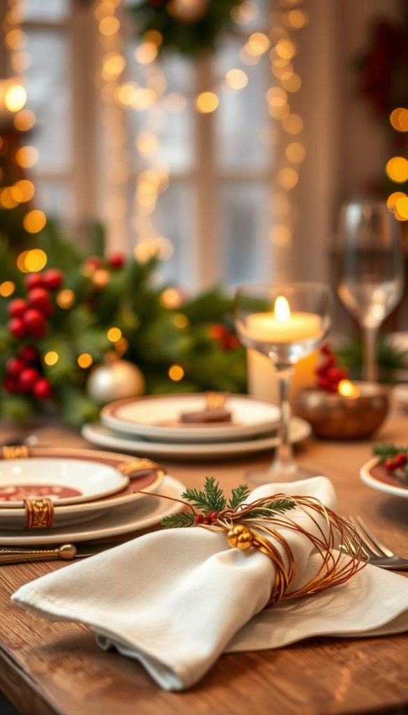 Elegant DIY napkin rings made from rustic wire, artistically arranged on a beautifully set Christmas table. In the foreground, a collection of handcrafted wire napkin rings, showcasing intricate patterns and warm golden accents, glistening in soft light. In the middle ground, a festive table setting with holiday-themed dinnerware, lush evergreen branches, and subtle hints of red and gold decorations that evoke a cozy winter vibe. The background features a warm, softly lit atmosphere with blurred twinkling fairy lights enhancing the festive mood. Capture this scene with a shallow depth of field to emphasize the napkin rings while keeping the overall ambiance rich and inviting. Inspired by the brand "KlickKiste", this image should convey an authentic, Pinterest-worthy DIY project perfect for the holiday season.