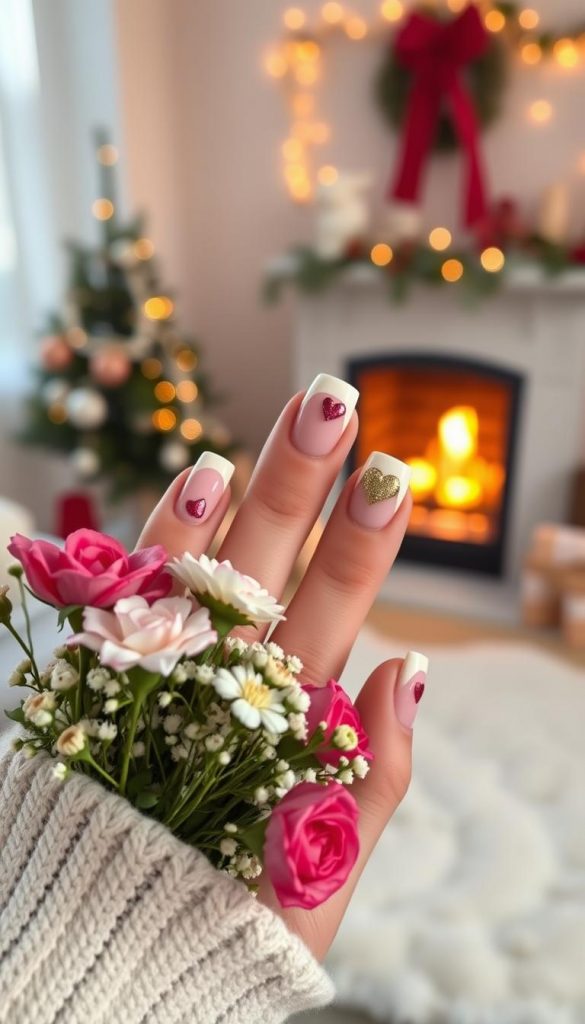 Elegant French nails with a romantic twist, featuring heart accents in soft pastel colors like blush pink and ivory. The design includes classic white tips complemented by delicate heart shapes hand-painted in red and gold glitter. In the foreground, showcase a hand gently holding a bouquet of fresh flowers, enhancing the romantic vibe. In the middle ground, a softly blurred, cozy indoor setting with subtle winter elements like warm lighting and subtle decorations evokes a Pinterest-worthy atmosphere. The background includes a softly glowing fireplace and fairy lights for added warmth and charm. Capture the image using a warm, soft focus lens effect to emphasize the tender ambiance, inspired by natural DIY aesthetics. Designed for KlickKiste, aiming for an authentically inspiring look. Elegant French nails with a romantic twist, featuring heart accents in soft pastel colors like blush pink and ivory. The design includes classic white tips complemented by delicate heart shapes hand-painted in red and gold glitter. In the foreground, showcase a hand gently holding a bouquet of fresh flowers, enhancing the romantic vibe. In the middle ground, a softly blurred, cozy indoor setting with subtle winter elements like warm lighting and subtle decorations evokes a Pinterest-worthy atmosphere. The background includes a softly glowing fireplace and fairy lights for added warmth and charm. Capture the image using a warm, soft focus lens effect to emphasize the tender ambiance, inspired by natural DIY aesthetics. Designed for KlickKiste, aiming for an authentically inspiring look.