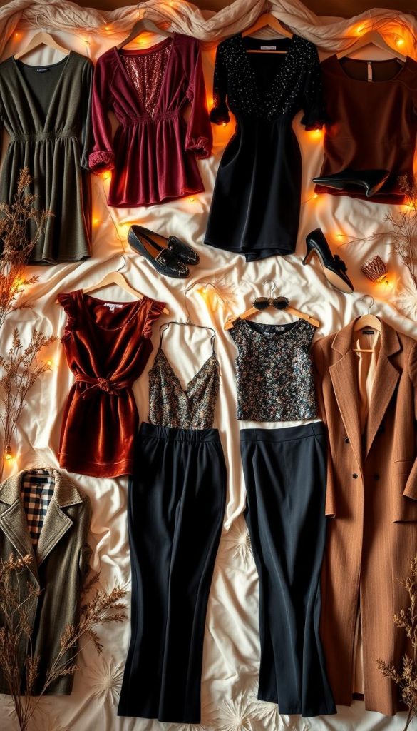 Elegant Silvester outfits for women: a captivating collection of cozy and glamorous looks. Soft, warm lighting illuminates a stylish arrangement of festive ensembles - from velvet dresses and sequined tops to chic jumpsuits and tailored pantsuits. The mise-en-scène evokes a winter wonderland mood, with natural, DIY-inspired textures and a Pinterest-worthy aesthetic. Autumnal hues and touches of metallic create a harmonious, inviting atmosphere, inspiring the viewer to envision themselves in these stylish, party-ready attires. The image radiates an authentic, aspirational vibe that perfectly complements the article's subject. Elegant Silvester outfits for women: a captivating collection of cozy and glamorous looks. Soft, warm lighting illuminates a stylish arrangement of festive ensembles - from velvet dresses and sequined tops to chic jumpsuits and tailored pantsuits. The mise-en-scène evokes a winter wonderland mood, with natural, DIY-inspired textures and a Pinterest-worthy aesthetic. Autumnal hues and touches of metallic create a harmonious, inviting atmosphere, inspiring the viewer to envision themselves in these stylish, party-ready attires. The image radiates an authentic, aspirational vibe that perfectly complements the article's subject.