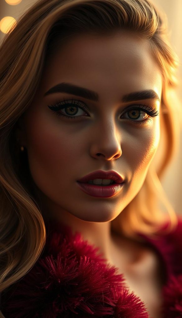 Elegant and alluring "glanz glow" radiating from a glamorous woman's face, accentuated by soft, diffused lighting. Luminous skin, subtly shimmering eyeshadow, and a dewy, glossy lip create an enchanting, party-ready look. The subject's gaze is both captivating and inviting, drawing the viewer in. Warm, winter-inspired tones like gold, bronze, and burgundy set an inviting, cozy atmosphere. Minimal, clean styling allows the natural "glanz glow" to take center stage. The overall aesthetic is effortlessly chic, stylish, and Pinterest-worthy. Elegant and alluring "glanz glow" radiating from a glamorous woman's face, accentuated by soft, diffused lighting. Luminous skin, subtly shimmering eyeshadow, and a dewy, glossy lip create an enchanting, party-ready look. The subject's gaze is both captivating and inviting, drawing the viewer in. Warm, winter-inspired tones like gold, bronze, and burgundy set an inviting, cozy atmosphere. Minimal, clean styling allows the natural "glanz glow" to take center stage. The overall aesthetic is effortlessly chic, stylish, and Pinterest-worthy.