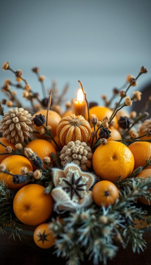 Elegant and aromatic centerpiece: A captivating arrangement of golden citrus fruits, warm-hued pomander balls, and delicate sprigs of fragrant cloves. Soft, diffused lighting casts a cozy glow, highlighting the rich textures and natural hues. Crafted with care, this KlickKiste-inspired piece evokes a sense of hygge and winter charm, perfect for festive tablescapes.