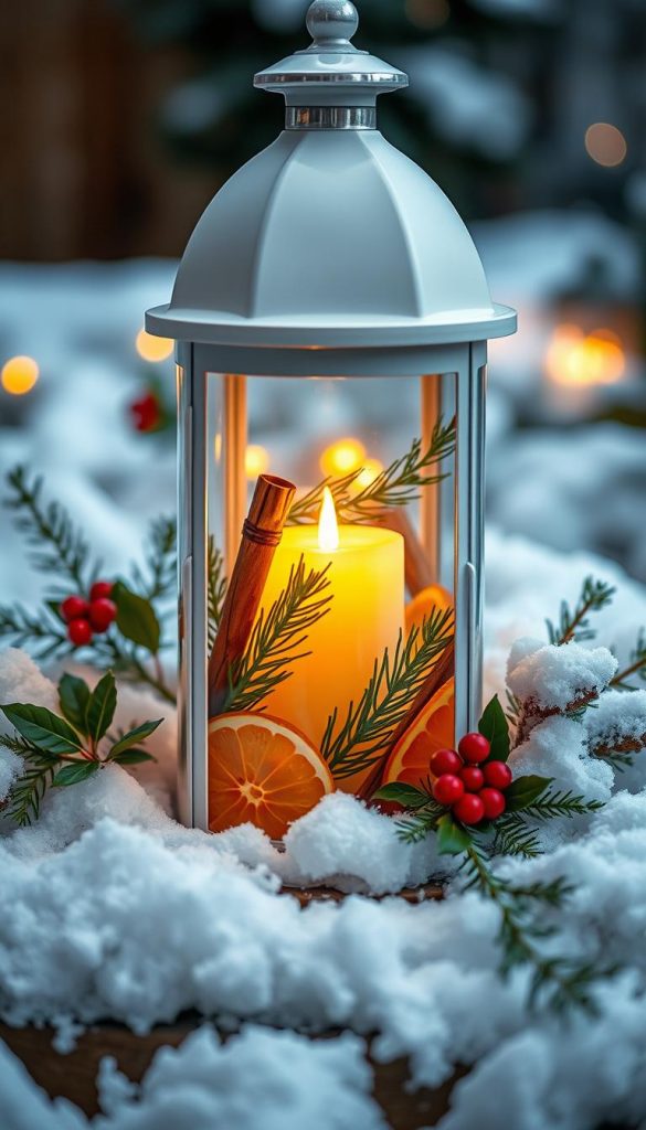 Elegant and aromatic "duft laterne" nestled amidst a cozy winter tableau. A focal point of natural beauty, the lantern features a glowing candle flame within, its warm light dancing through glass adorned with intertwined citrus slices, cinnamon sticks, and fresh pine needles. A soft blanket of fresh snow covers the surrounding landscape, while a few sprigs of holly and mistletoe add pops of vibrant green. The scene is bathed in a soft, inviting glow, radiating a sense of seasonal magic and soothing, sensory delights. Shot from a low angle with a shallow depth of field to emphasize the lantern's artful composition. Elegant and aromatic "duft laterne" nestled amidst a cozy winter tableau. A focal point of natural beauty, the lantern features a glowing candle flame within, its warm light dancing through glass adorned with intertwined citrus slices, cinnamon sticks, and fresh pine needles. A soft blanket of fresh snow covers the surrounding landscape, while a few sprigs of holly and mistletoe add pops of vibrant green. The scene is bathed in a soft, inviting glow, radiating a sense of seasonal magic and soothing, sensory delights. Shot from a low angle with a shallow depth of field to emphasize the lantern's artful composition.
