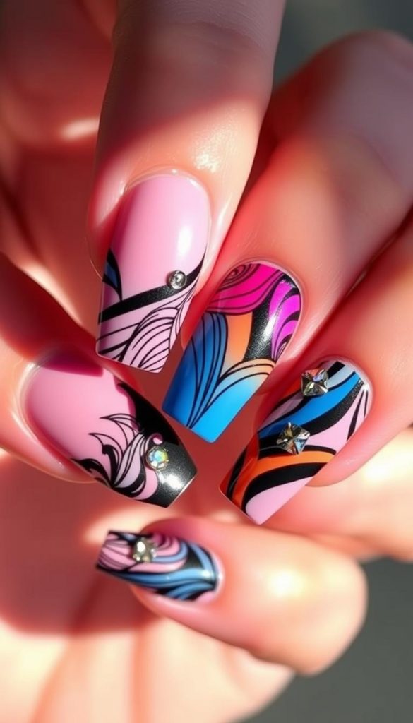 Elegant and striking French nail art, showcasing bold, vibrant colors and dynamic designs. Intricate patterns dance across the nails, with a mix of solid hues and delicate linework. The nails feature a blend of matte and glossy finishes, creating depth and dimension. Dramatic 3D embellishments, such as metallic studs or iridescent rhinestones, accentuate the modern, fashion-forward aesthetic. Soft, natural lighting casts a warm glow, highlighting the high-quality, expertly applied manicure. The overall look is polished, sophisticated, and sure to make a statement.