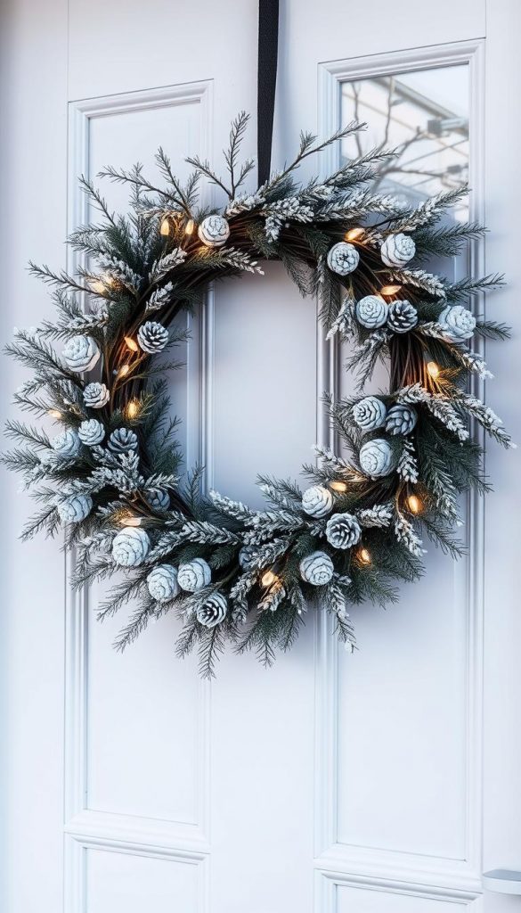 Elegant black and white Christmas wreath adorning a modern, minimalist front door. Delicate pine branches, snow-dusted pinecones, and twinkling fairy lights create a serene, winter wonderland scene. Soft natural lighting illuminates the textured elements, exuding a cozy, hygge-inspired ambiance. Featuring a handmade, rustic KlickKiste design with a clean, Scandinavian aesthetic. Showcasing a refined, Pinterest-worthy Christmas entryway decor look.