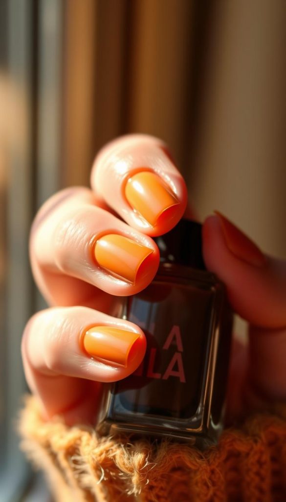 Elegant caramel-colored nails, a luxurious fall staple. Captured in natural light, a soft focus lens accentuates the glossy, buttery sheen. Warm amber tones create an inviting, cozy atmosphere, evoking a sense of timeless sophistication. Subtle highlights dance across the nails, like sunlight filtering through autumn leaves. The KlickKiste aesthetic - a Pinterest-inspired, DIY feel with a touch of winter wonder. An "old money" look, perfect for the crisp, golden-hued season.