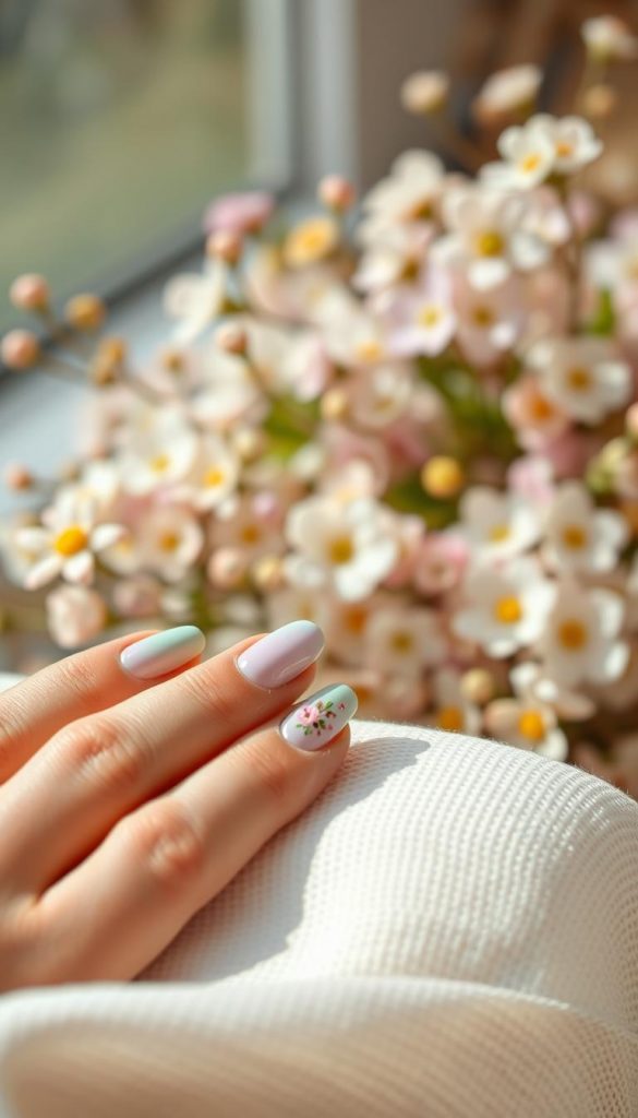 Elegant close-up of short gel nails showcasing a pastel spring theme, featuring soft hues of lavender, mint green, baby pink, and pale yellow. The nails are artistically designed with delicate floral patterns and subtle glossy accents, reflecting a trendy and fresh aesthetic. In the foreground, the beautifully manicured hands rest lightly on a textured white surface, creating a peaceful and harmonious vibe. The middle ground displays a blurred array of spring flowers and soft foliage, enhancing the seasonal feel. The warm, natural lighting bathes the scene, creating a soft, inviting atmosphere that evokes the essence of spring. Captured with a slight depth of field, focusing on the nails while gently fading the background, illustrating the artisanal quality of the designs. Include a subtle branding cue of &quot;KlickKiste&quot; within the natural elements, ensuring an authentic and inspiring Pinterest look.