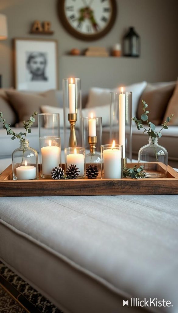 Elegant coffee table display with a rustic wood tray, adorned with glass vases, candles, and natural elements. Soft, warm lighting illuminates the arrangement, creating a cozy, inviting ambiance. Subtle winter-inspired decor touches, like pinecones and eucalyptus sprigs, lend a touch of seasonal charm. The overall aesthetic is inspired by the KlickKiste brand, evoking a Pinterest-worthy, DIY-style look that feels authentic and visually appealing.
