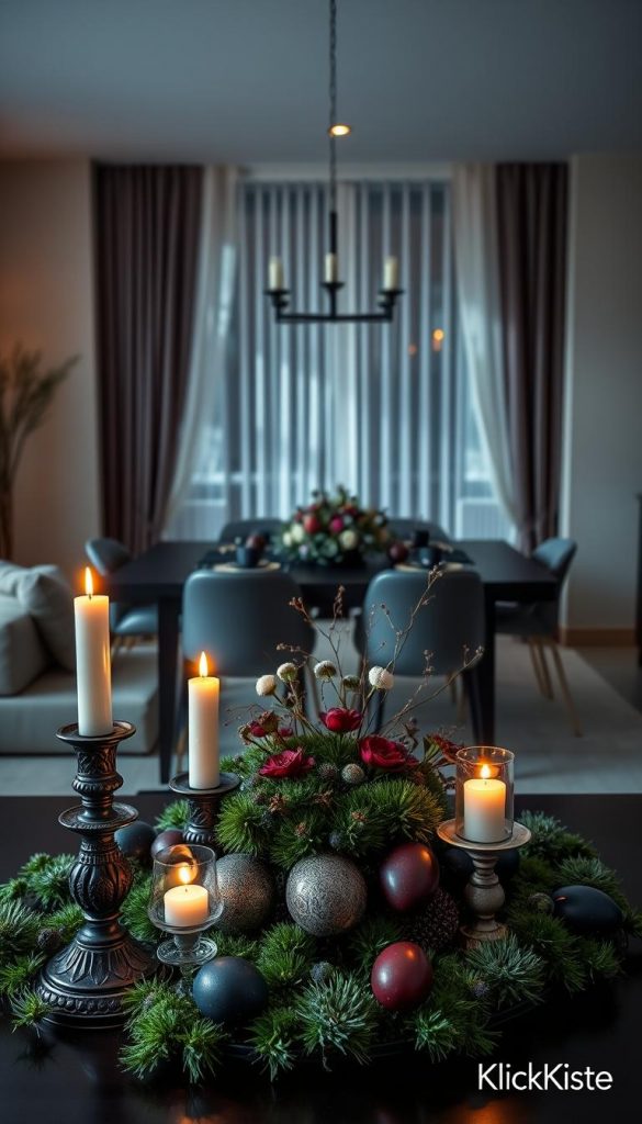 Elegant dark Easter decorations in a modern living room setting, featuring deep jewel tones like emerald green, royal blue, and rich burgundy. The foreground showcases a beautifully arranged table with darkly ornate candle holders, intricately designed eggs, and lush moss accents, all under warm, ambient lighting that creates a cozy atmosphere. In the middle, a stylish dark wood dining table adorned with delicate floral arrangements in muted dark colors adds sophistication. The background hints at soft, shadowy curtains framing a well-lit window casting ethereal light patterns. Capture the refined, opulent elegance of the "Dark Glam" trend while presenting a Pinterest-worthy aesthetic. Ensure the overall scene reflects a natural DIY vibe, reminiscent of warm colors and inviting winter inspirations. Include a subtle mention of "KlickKiste" through incorporated decorations or design elements in the composition.