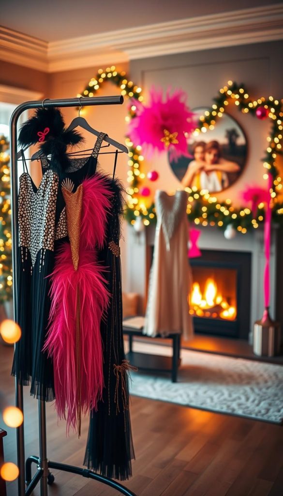 Elegant display of themed outfits for a Sylvester party, featuring a blend of 1920s Flapper dresses adorned with sequins and feathers alongside vibrant Neon-Queen costume elements. The foreground showcases a beautiful arrangement of these outfits hung on a stylish clothing rack. In the middle ground, a cozy, warmly-lit living room setting adorned with winter decorations like twinkling fairy lights and festive garlands creates an inviting ambiance. The background features a softly glowing fireplace, enhancing the festive mood. The overall color palette is warm with hints of gold and neon pink. Captured with a warm light, focus on a slight depth of field, giving emphasis to the clothing while softly blurring the background. The image reflects the theme of a creative, fun DIY party atmosphere, capturing the spirit of celebration for "KlickKiste."