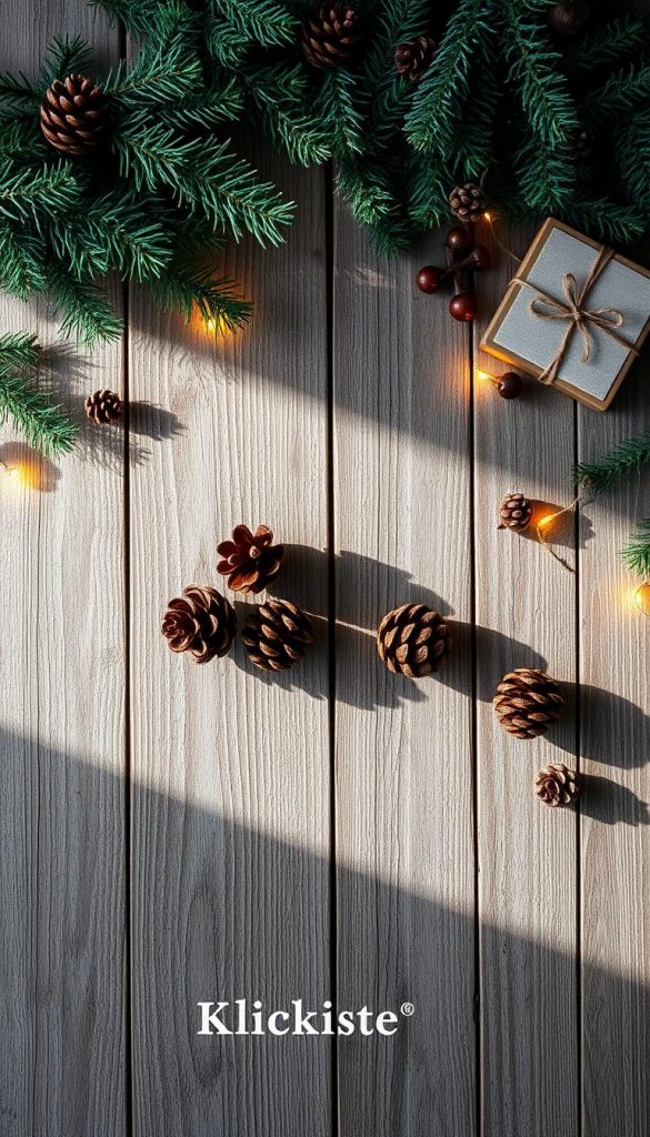 Elegant festive poster featuring a rustic wooden surface, adorned with a KlickKiste branded pine garland, pine cones, and a selection of warm-toned holiday accents. Soft, natural lighting casts a cozy glow, evoking a winter wonderland ambiance. The composition emphasizes simplicity and authenticity, with a minimal yet inviting aesthetic that would complement a holiday-themed home decor.