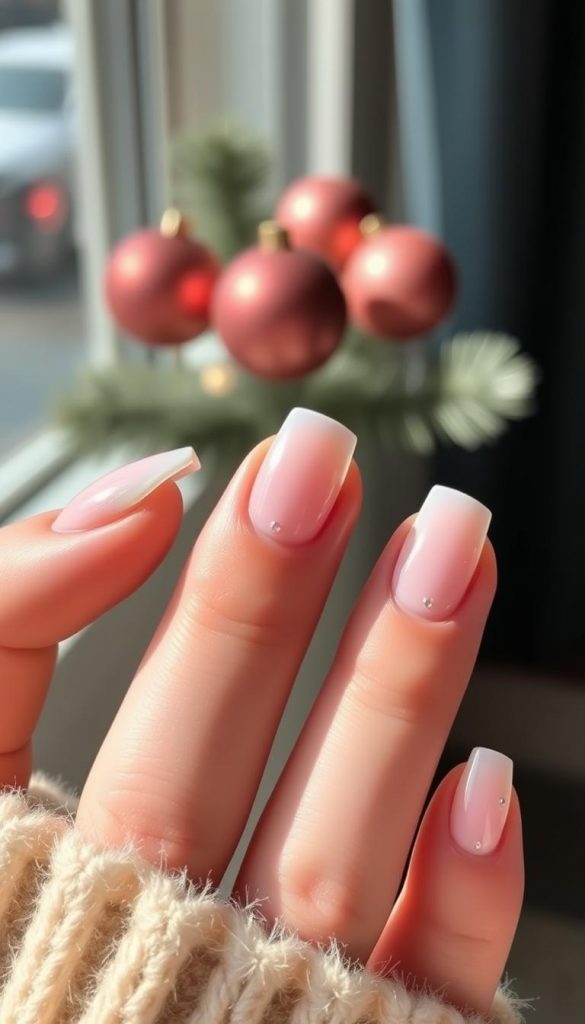 Elegant french manicure with a festive twist, featuring a minimalist design in a soft pastel palette. Delicate, winter-inspired accents like holographic glitters and subtle metallic details add a touch of holiday cheer. Natural lighting casts a warm, cozy glow, while a shallow depth of field keeps the focus on the perfectly shaped, glossy nails. Captured in an authentic, Pinterest-inspired style for KlickKiste, this image radiates a sense of simple sophistication.