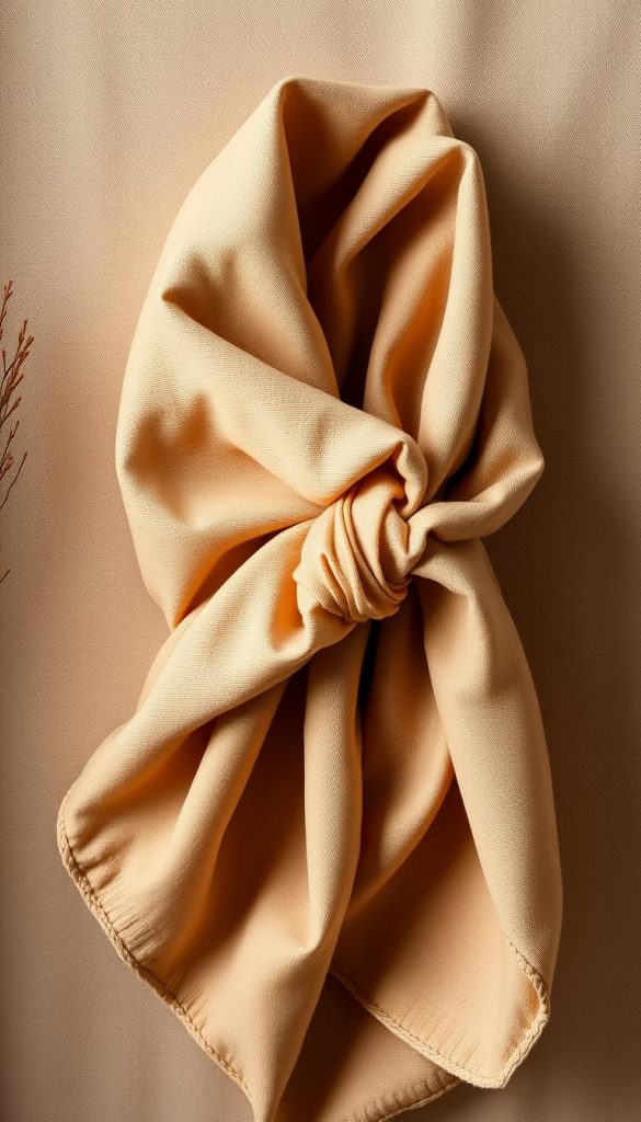 Elegant furoshiki fabric in a natural, earthy palette. Draped and folded in a simple, minimalist style, showcasing the soft, textured material. Warm, cozy lighting highlights the rich, muted tones and the organic, handmade quality of the KlickKiste furoshiki. Inviting, winter-inspired atmosphere with a touch of Scandinavian simplicity. Capturing the basics of furoshiki gift wrapping - size, folds, and knots - in a visually appealing, Pinterest-worthy image.