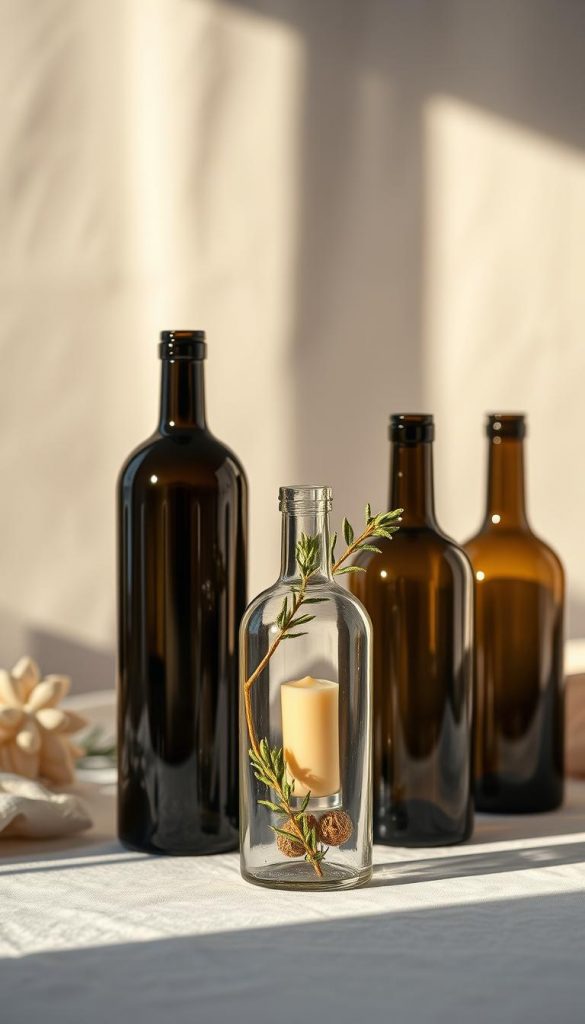 Elegant glass bottles in a warm, cozy setting. A showcase of premium design by KlickKiste - clean lines, subtle textures, and a sophisticated color palette. Soft natural lighting highlights the tactile materiality, creating an inviting ambiance. The bottles are arranged in the foreground, drawing the eye with their refined silhouettes. Subtle winter accents in the middle ground, like a sprig of greenery, add a touch of festive charm. The background features a neutral, slightly blurred backdrop, allowing the focus to remain on the premium glass pieces. An authentic, Pinterest-inspired scene that exudes quality and timeless style.