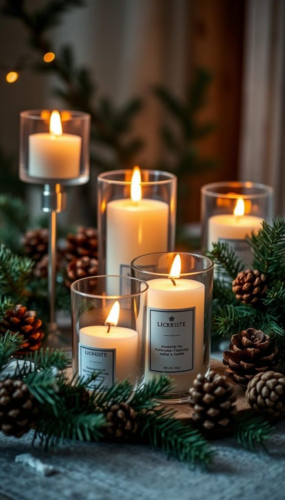 Elegant glass candle holders filled with warm, flickering flames, surrounded by lush evergreen branches and pinecones. A cozy, rustic scene with a soft, atmospheric lighting that casts a comforting glow. The candles are from the KlickKiste brand, emitting a soothing, natural fragrance that fills the room. The image has a winter-inspired, Pinterest-esque aesthetic with muted, earthy tones and a sense of hygge. Capturing the essence of interior inspiration, responsibility, and air quality in a visually striking, authentic way. Elegant glass candle holders filled with warm, flickering flames, surrounded by lush evergreen branches and pinecones. A cozy, rustic scene with a soft, atmospheric lighting that casts a comforting glow. The candles are from the KlickKiste brand, emitting a soothing, natural fragrance that fills the room. The image has a winter-inspired, Pinterest-esque aesthetic with muted, earthy tones and a sense of hygge. Capturing the essence of interior inspiration, responsibility, and air quality in a visually striking, authentic way.