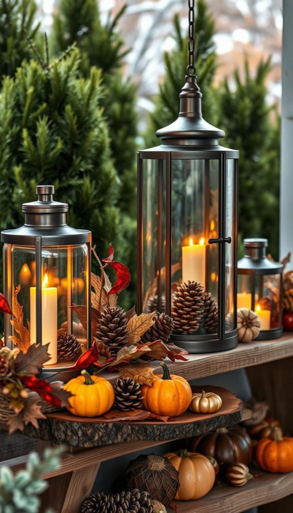 Elegant glass lanterns filled with warm amber lights, casting a cozy glow across an outdoor display. Rustic wooden shelves hold an assortment of natural elements - dried leaves, pine cones, and gourds in autumnal hues. Soft, diffused lighting illuminates the scene, creating a inviting, winter-inspired ambiance. The arrangement is framed by a backdrop of lush greenery, hinting at the surrounding outdoor setting. This picturesque vignette evokes a sense of hygge and Nordic-inspired design, perfect for enhancing the autumn decor in any entryway or porch.