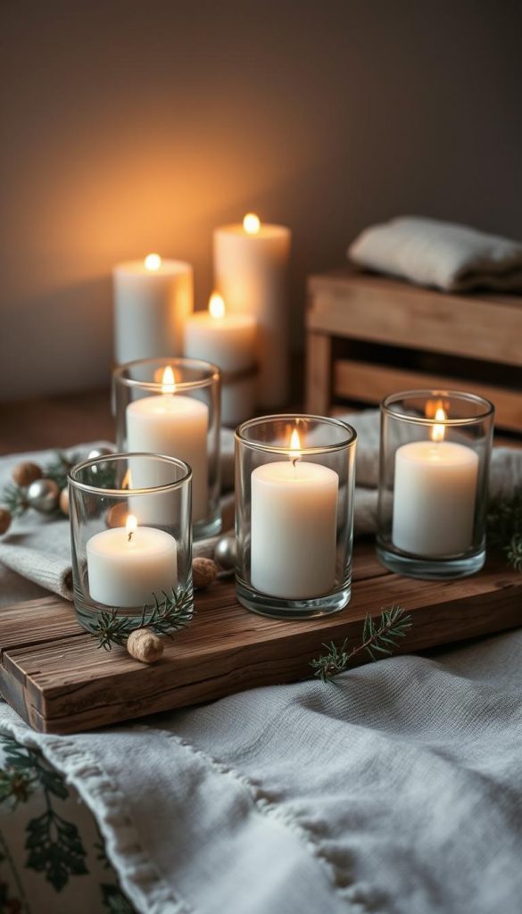 Elegant glass votive holders in a cozy Scandinavian-inspired winter display. Soft candlelight flickers across natural textures - weathered wood, neutral linen, and delicate sprigs of evergreen. A rustic KlickKiste crate adds an authentic DIY touch, complementing the warm, inviting atmosphere. Moody lighting and a muted palette evoke a serene, Pinterest-worthy ambiance. Capture the essence of hygge with this soothing, visually-captivating scene.